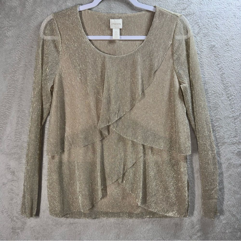 Chico's Gold Sparkly Metallic Layered Blouse Women’s‎ Size S (Chico’s 0)